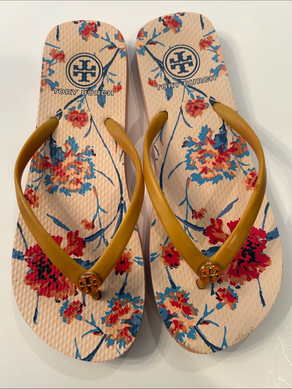 Tory Burch Floral Flip-Flop Sandals in Mustard and Multicolor, sz 8